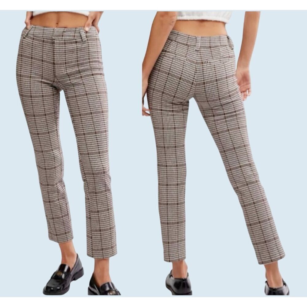 FREE PEOPLE Molly Brown White Plaid Mid Rise Slim Pants Size 4